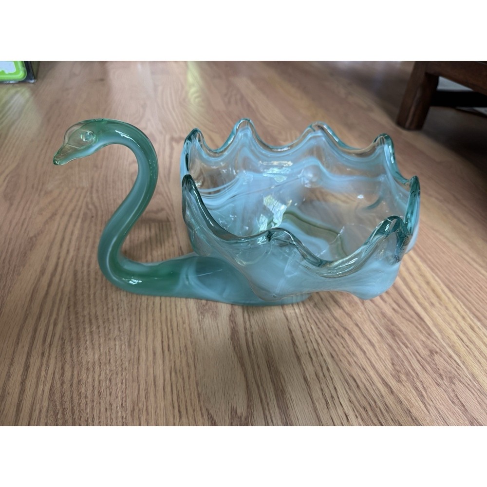 Mid-Century Modern Green White Swirl Art‎ Glass Swan Bowl Centerpiece Vintage